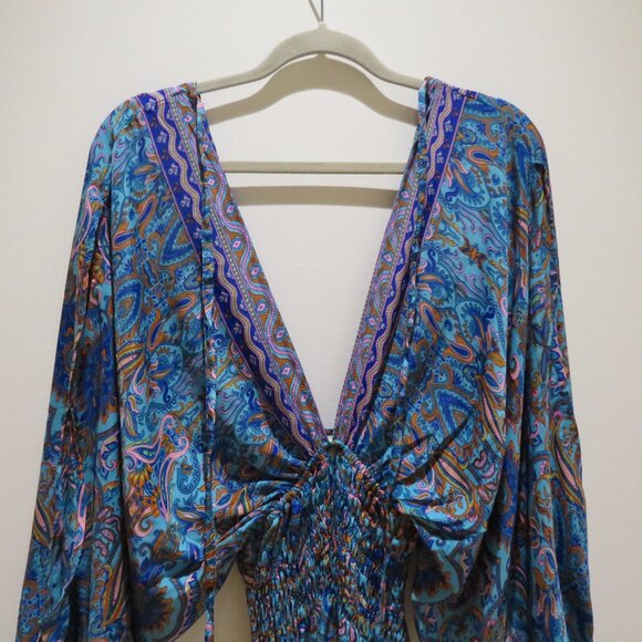 ADDICTIVE Silk Blend V Neck Smocked Paisley Boho Maxi Dress Balloon Sleeve - Picture 5 of 15
